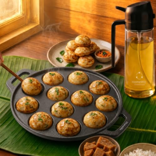 Image of HomeWiz Cast Iron Appe Pan 12 Cavity 26 cm | Free Oil Dispenser 500ml | Pre-Seasoned Appe Maker for Appam, Paniyaram & Appe | Non Stick Appam Pan | Naturally Non-Stick | Works On Induction & Gas