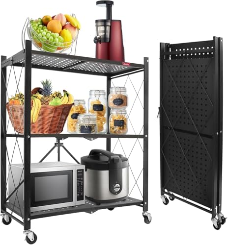 Image of DEANIC 3 Tier Foldable Storage Shelves with Wheels, Kitchen Appliance Stand, Freestanding Metal Wire Shelf Rack, No Assembly Organizer Rolling Cart for Garage, Basement, Pantry (Black)