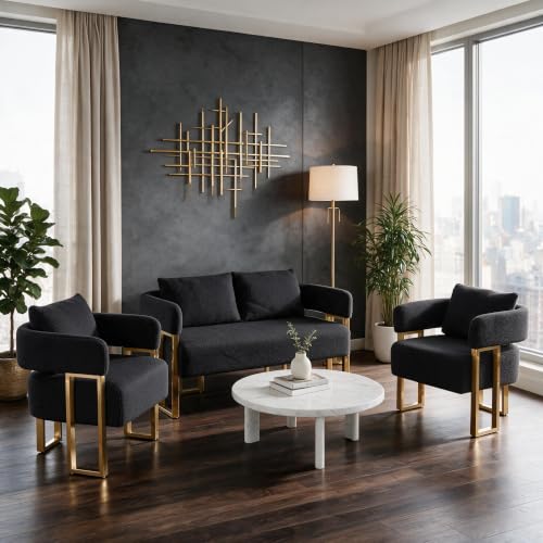 YISHENG Loveseat Sofa and 2 Accent Chairs, Comfy 3 Piece Sofa Couch for Living Room with Golden Legs Upholstered Reading Armchairs no Wheels for Reception Room//Bedroom/Lounge/Office,Black Teddy