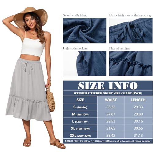 Image of Witsmile Women's Skirts - Elastic Waist Pleated A-Line Midi Skirt Dress with Pockets for Women Dressy Casual(Light Gray,L)