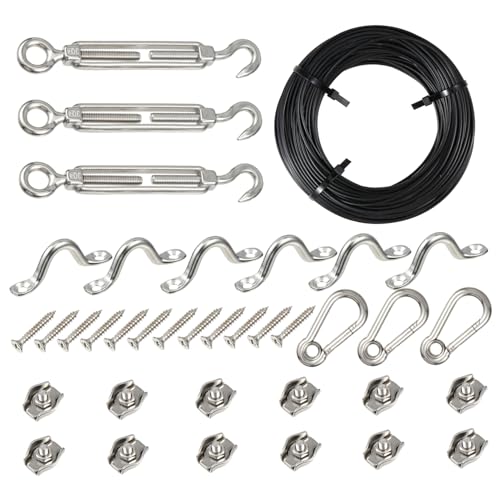 Cabilock 1 Set String String Light Hanging Kit Stainless Steel Coated Wire Rope with Hooks Outdoor Suspension for Garden and Patio Lighting