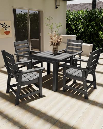 Image of GREENVINES 5-piece Patio Dining Set, HDPE Square Table & 4 Chairs, Gray