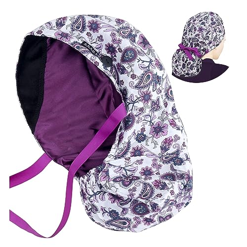 ABAMERICA Scrub Caps for Women Surgical Caps Nurse Hat Functional Ponytail Holder for Long Hair Single or Satin-Lined A01-19 Satin Lined Purple Feather