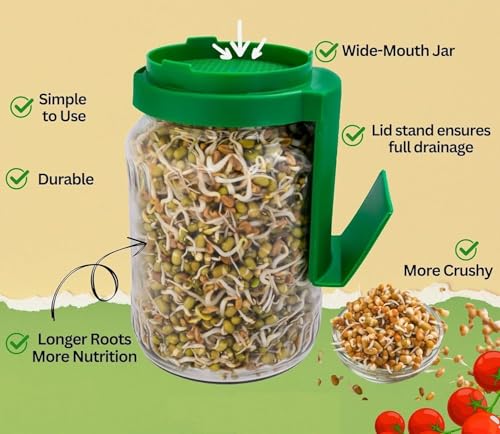 Image of Plastic Sprout Maker Jar with Handle & Strainer Lid (PackOf 1) | 720 ml Seed Germination Container for Moong, Chana, Mixed Sprouts | BPA-Free Kitchen Storage & Sprouting Jar