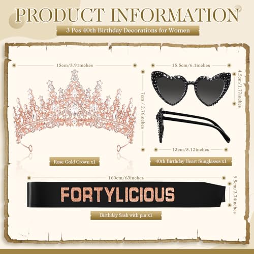 3 Pcs 40th/ 50th Birthday Decorations for Women, 40th/ 50th Birthday Sash and Crown Tiara and Sunglasses(Rose Gold,Fortylicious)3