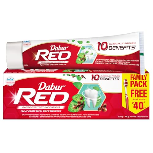 Image of Dabur Red Ayurvedic Paste, Provides Protection From Plaque Toothache Yellow Teeth and for Bad Breath Treatment - 300 Gm