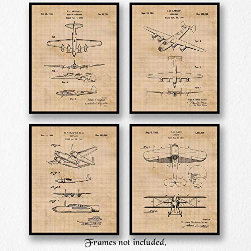 Vintage Bomber Airplanes Patent Art Poster Prints, Set of 4 (8x10) Unframed Photos