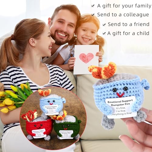 Image of RovyFota Emotional Support Crochet Dumpster Fire with Positive Card Cute Room Decor Knitted Toys Funny Crochet Support Buddies Gifts for Friends (Green&Blue&Red)