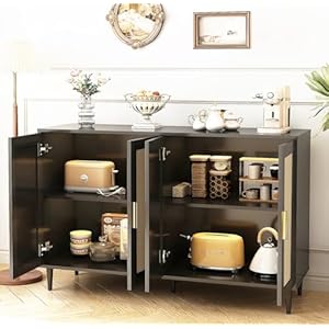 Sideboard buffet cabinet with storage 4 doors accent sideboard coffee bar cabinet rattan sideboard for dining room kitchen hallway cupboard console table  urban country home decor