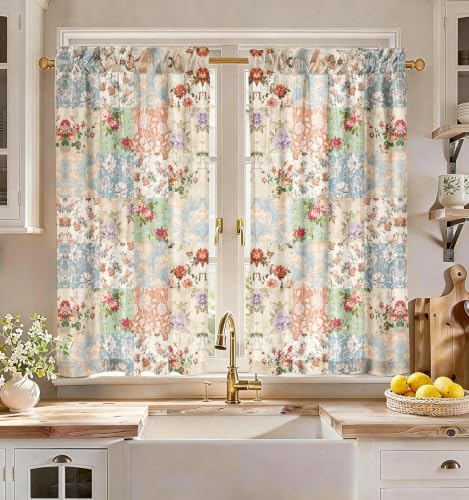 Image of Miss Adola Boho Kitchen Curtains - 45 Inch Length Linen Blend Vintage Floral Cafe Curtains Country Tier Curtain Short Drapes Rod Pocket for Bathroom Living Room Windows Light Filtering, 2 Panels