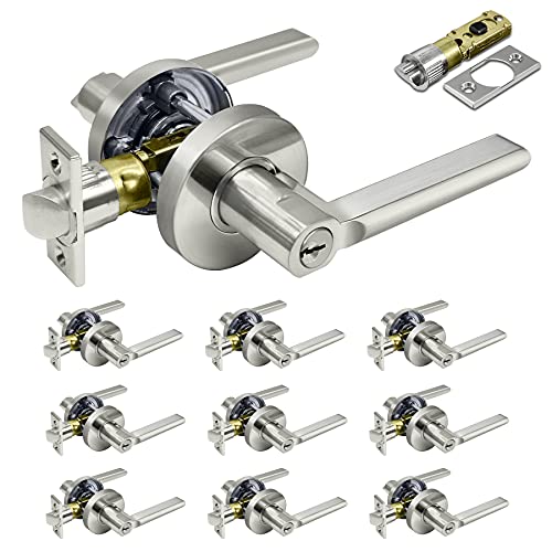Bestten [10 Pack] Heavy Duty Satin Nickel Entry Door Lever With Removable Latch Plate, All Metal Keyed Door Handle For Exterior, For Commercial And Residential, Vienna Series, Keyed Different #TOP17