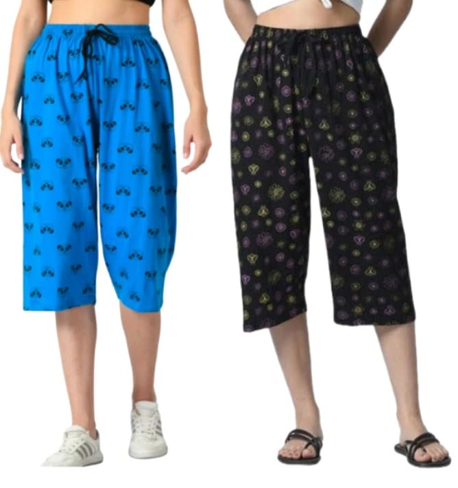 nanmaya Women's Cotton Capri Nightwear Printed 3/4 Pyjama Prints May Vary (Assorted colours) combo pack of 2-picture-45