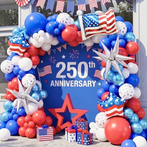 4th of July Balloon Arch Kit 146pcs Red White and Blue Balloons with Star Print & USA Flag Foil Balloons for USA 250th Anniversary Decorations 2026 Patriotic Memorial Day Independence Day Party Deco
