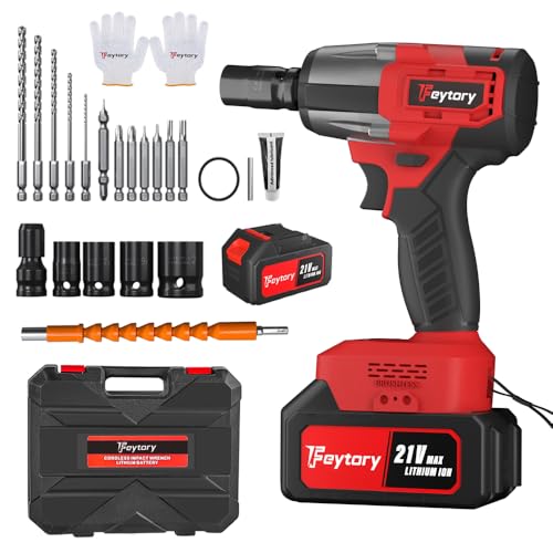 Qimu Cordless Impact Wrench, 1/2 550N.m Torque Brushless Power Gun, 21V/6.0Ah Battery, 2500RPM, 4 Socket Set & Fast Charger, Electric Impact Wrench (Red)