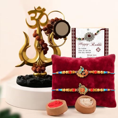 Image of TIED RIBBONS Set of 2 Rakhi for Brother with Gift - Premium Rakhi for Bhaiya Men with Lord Shiva Trishul with Card Roli chawal - Bracelet Rakhi's for Brother