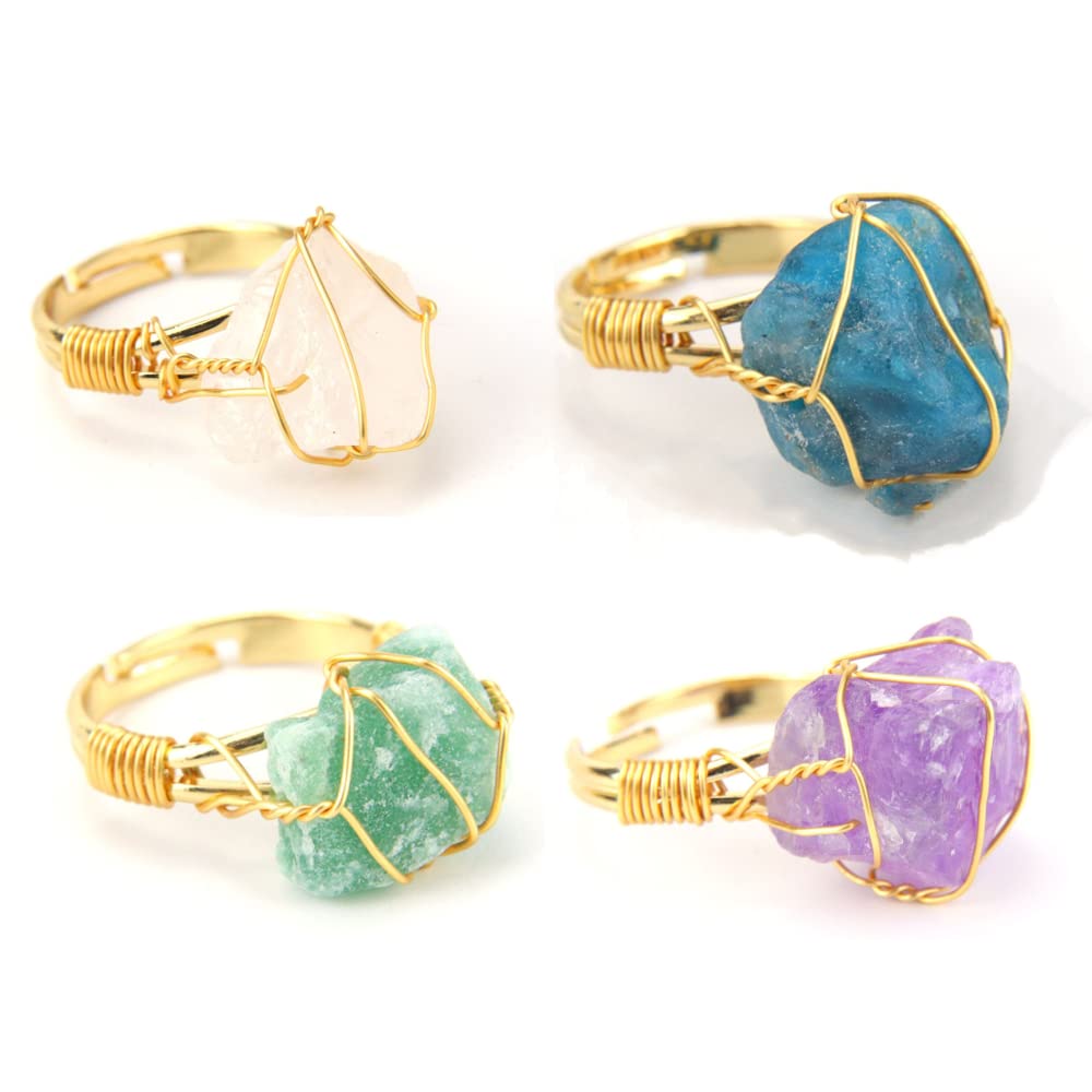 COLORFUL BLING Raw Healing Crystal Natural Stone Ring Statement Copper Wire Wrapped Irregular Crystal Gemstone Adjustalble Ring Jewelry for Women