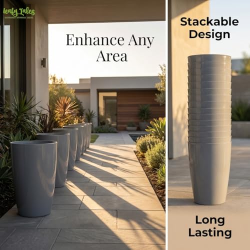 Image of Leafy Tales Modern Round Tower Planter for Home Decor 12 INCH, Highly Durable,Lightweight Indoor Outdoor Planter, Flower Pot Gamla, Pot for Balcony Garden, Vegetables, Flowers & Greenery