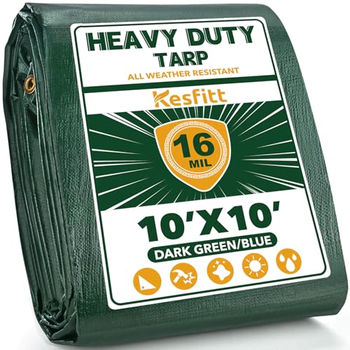 Image of Kesfitt 16 Mil Heavy Duty Waterproof Tarp with Metal Grommets, Dark Green & Blue Reversible Poly Tarp, 10x10 ft, for Outdoor Protection, Yard, Garden, Farm, Camping & Equipment Coverage