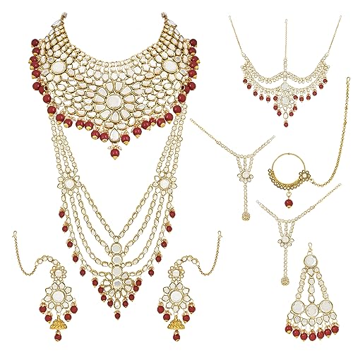 I Jewels Wedding Collection Traditional Ethnic Gold Plated Pearl & Kundan Stone Work Bridal Jewellery Set For Women