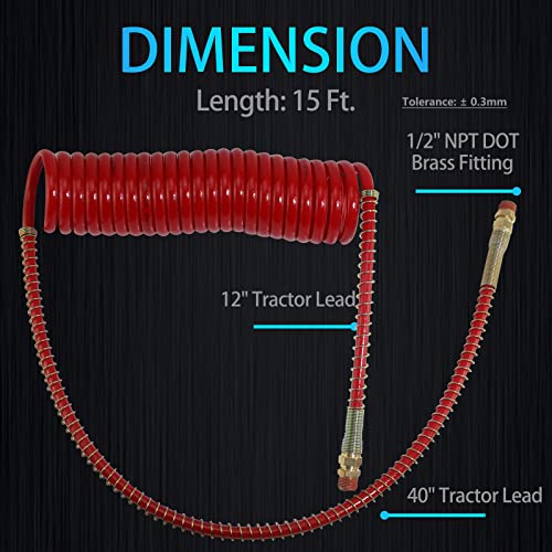 Ibroprat Air Lines For Semi Truck, 15' Coiled Air Brake Hoses With 12" & 40" Leads,Truck Trailer Brake Coil Set Bule And Red #TOP5