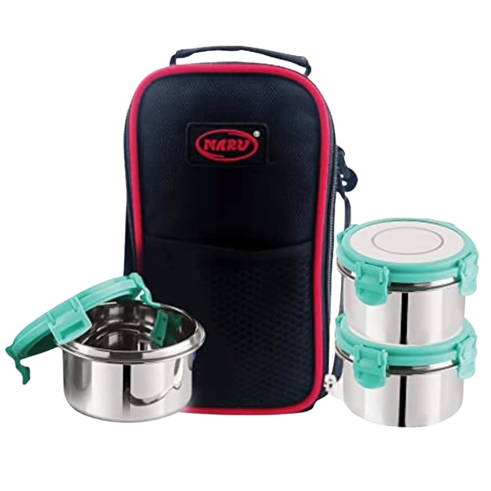 MARU Stainless Steel Lunch Box Set of 3 (250ml*2 + 350ml) Leakproof Tiffin with Insulated Bag for Kids & Adults, Perfect for School & Office Use. Multi-Container Compartments for Foods & Snacks