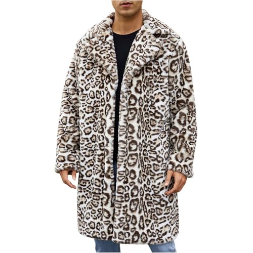 Men's Leopard Faux Fur Coat Long Jacket Winter Warm Windbreaker Overcoat