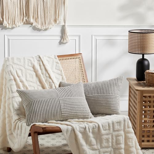 Image of Fancy Homi 2 Packs Neutral Grey Lumbar Decorative Throw Pillow Covers 12x20 Inch for Living Room Couch Bed Sofa, Farmhouse Home Decor, Soft Striped Corduroy Rectangle Accent Cushion Case 30x50 cm