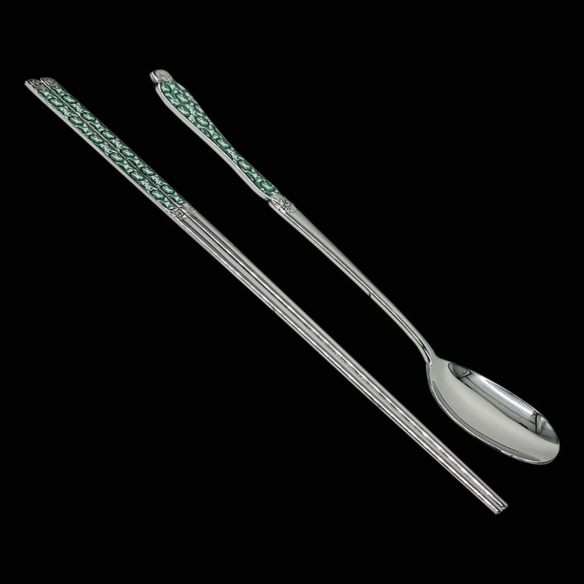 BALWOO [Made in Korea] Goryeo Celadon Design Korean Table Sticky Rice Spoon and Chopsticks 430 Stainless Steel Glossy Surface Mukbang Cutlery (Blue, 5 Sets)