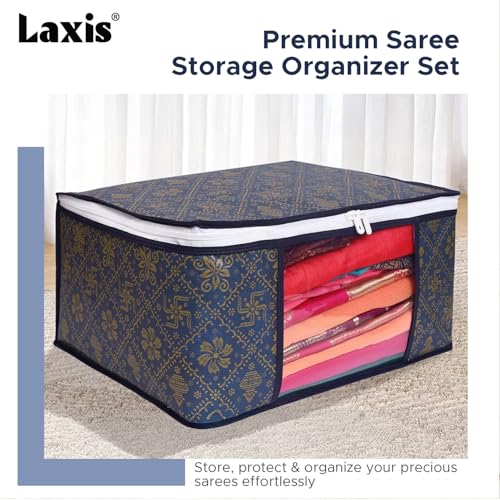 Image of LAXIS Saree Organiser for Wardrobe, Foldable Royal Print Saree Covers for Storage Set with Clear Window & Zipper, Golden-Navy Blue (Pack of 6)