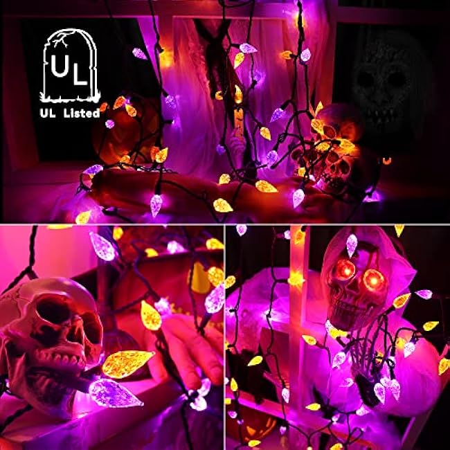 ODEETRONIC Orange Purple Halloween Lights, 19.68ft 60 LED Connectable Plugin Orange Lights, 120V UL Certified Waterproof Outdoor Purple String Light, Black Wire Indoor Light for Home Tree Decor