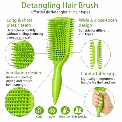 Image of Detangler Brush for Curly Hair, Lightweight Curly Hair Brush with Vented Design for Easy Glide, Effortlessly Detangles Without Pulling or Snagging, Suitable for All Wet and Dry Hair Types (Green)