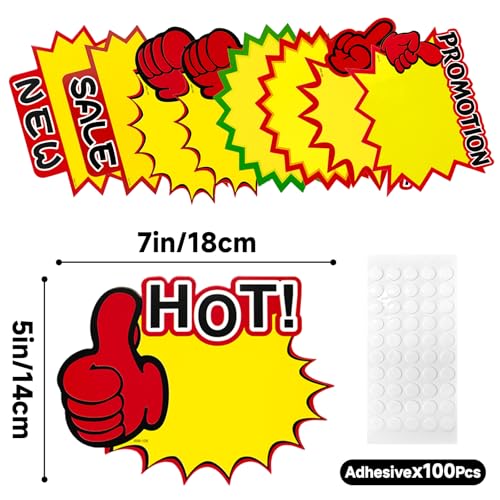 joycraft 80Pcs Price Sign for Retail, 7x5.5 Paper Burst Star Signs, 8 Styles Yellow Sale Signs with 100Pcs Adhesive Dots, Price Sale Tags for Retail Store, Garage Sale, Yard Sale