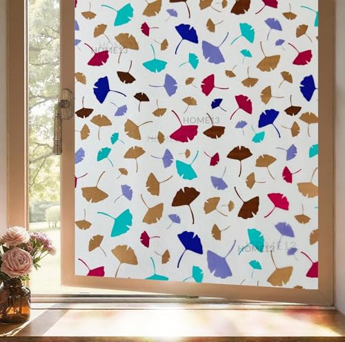 Image of HOME13 Window Privacy Film Frosted Glass Film Decorative Window Sticker Removable Window Film Home Office Privacy Film Window Coverings (Colord Leafs, 2 Feet by 8 Feet)