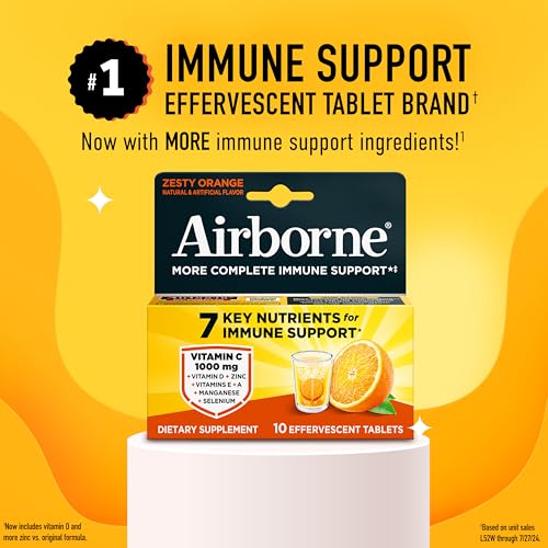 Image of Airborne Immune Support Effervescent Tablets, Zesty Orange Flavor - 10ct with 1000mg Vitamin C + Vitamins A, D, E, Zinc, Selenium, Manganese & Herbal Blend - Sugar‑Free, Gluten‑Free
