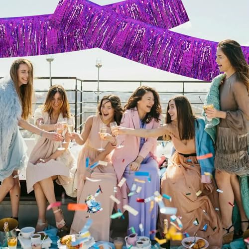 Image of BEISHIDA 3 Packs Metallic Foil Fringe Garland Laser Purple Wall Hanging Tinsel Fringe Banners for Car Floats Bridal Shower Wedding Birthday Easter Graduation Holiday Party Decoration(30 Feet)