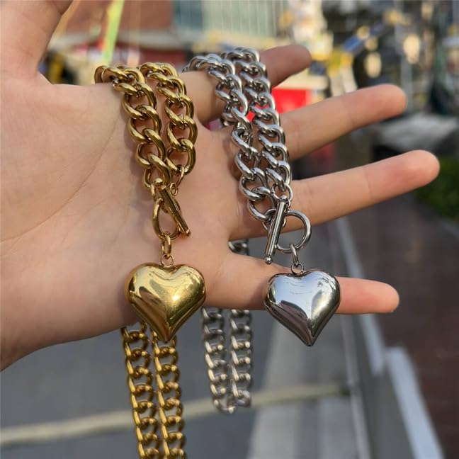 Stainless Steel Puffy Heart Pendant Statement Chunky Toggle Necklace for Women Thick Statement Chain Link Necklaces - Image 6