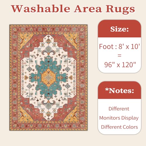 SERISSA Boho 8x10 Area Rugs Orange, Washable Vintage Large Living Room Rug Non-Slip, Ultra Soft Oriental Print Distressed Farmhouse Carpet for Dining Room Bedroom Dorm Office Home Decor