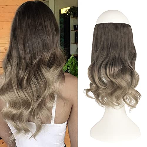 FESHFEN Hair Secrets Extensions, Invisible Secret Wire Crown Hair Extensions One Piece Curly Wavy Long Hair Extension Synthetic Hairpieces for Women, 14 inch Ombre Medium Brown to Light Ash Brown