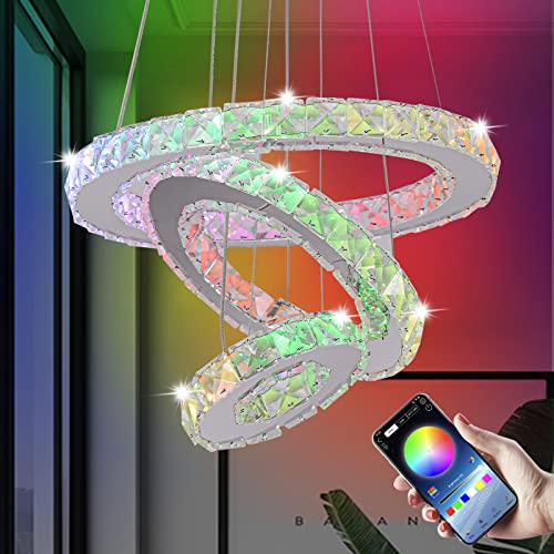 Na Modern Diy Crystal Rings Chandeliers Led Pendant Light Adjustable Stainless Steel Ceiling Light Fixture For Living Room Dining Room Bedroom, Middle #TOP6