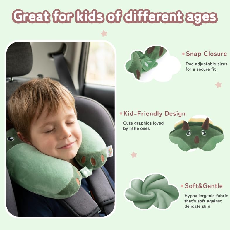Image of Kids Travel Neck Pillow for Ages 3-8 with Memory Foam, Dinosaur | Removable cover, 13 in neck size, machine washable, hidden zipper, head and chin support, car seat and airplane use