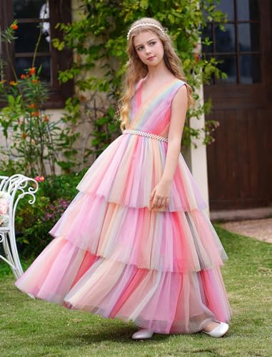 IDOPIP Flower Girls Tulle V-Neck Bowknot Dress for Kids Long A Line Wedding Pageant Dresses Princess Birthday Party Ball Gown2