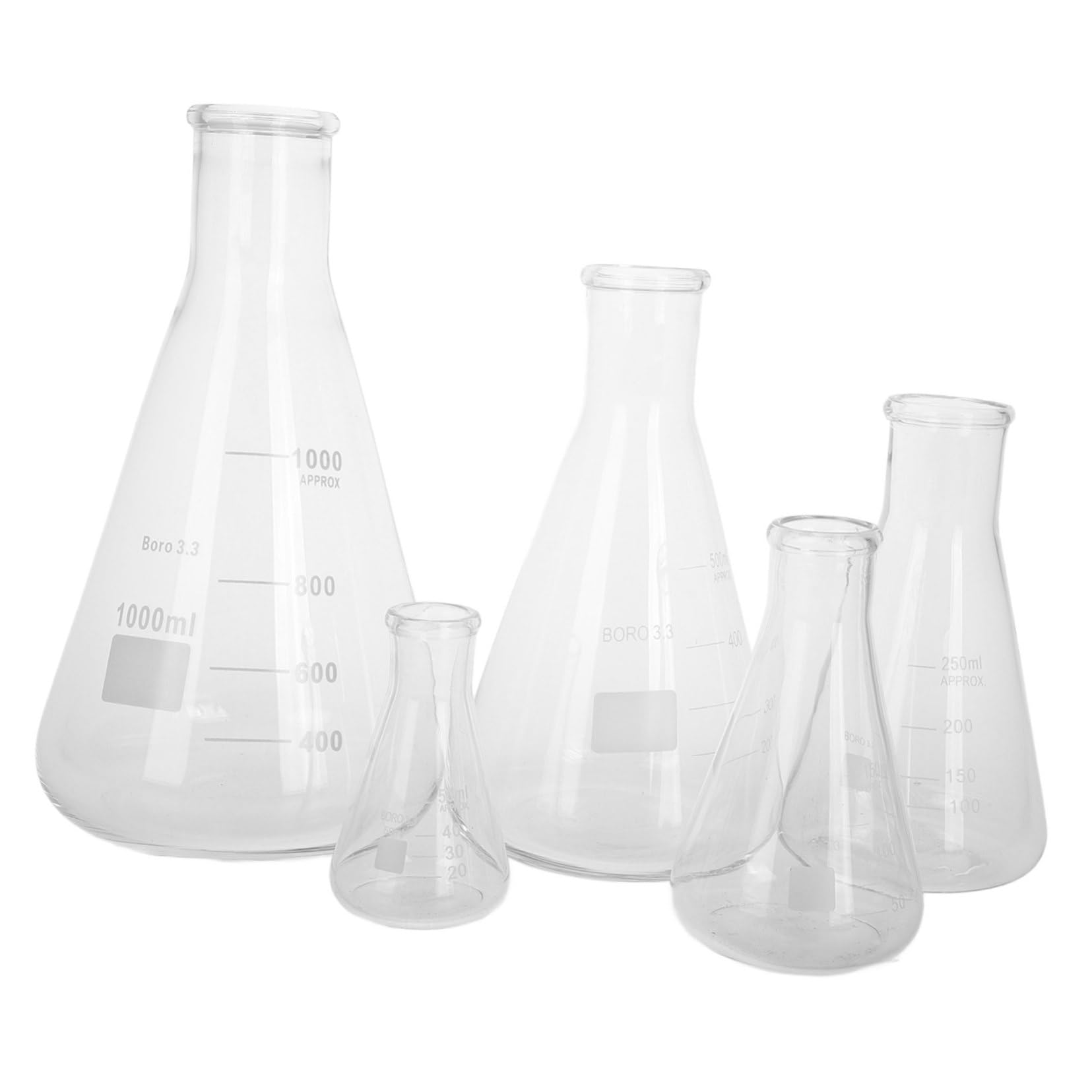 Hemobllo 5 piezas Matraz Erlenmeyer de Vidrio Borosilicato Resistente Altas Temperaturas Capacidad Variada para Laboratorio Experimentos Científicos Seguro Base Triangular