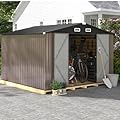 Oneinmil Outdoor Storage Shed 10x8 FT, Metal Tool Shed with Lockable Door, Metal Shed Garbage Can, Storage House for Backyard, Garden, Patio, Lawn, Brown