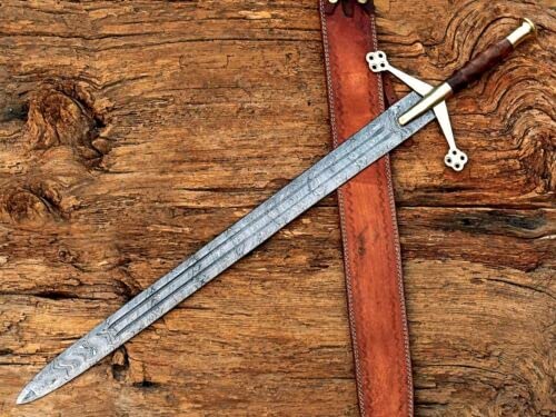 Handmade Damascus Steel 38" Long Scottish Claymore Viking Sword with Leather Sheath.