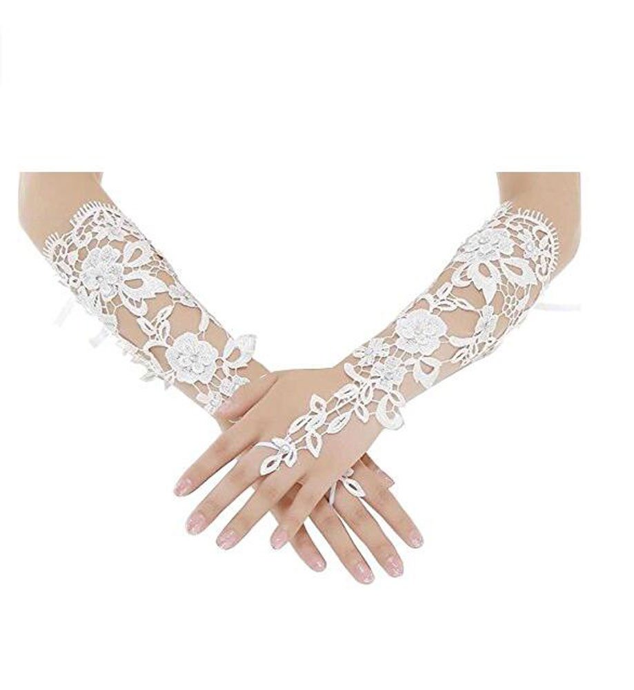 Botong Women's Ivory White Short Lace Fingerless Rhinestone Bridal Gloves For Wedding Party Wedding Gloves (Ivory)