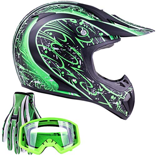 Typhoon Adult ATV MX Helmet Goggles Gloves Gear Combo Matte Green w/Green (XL)