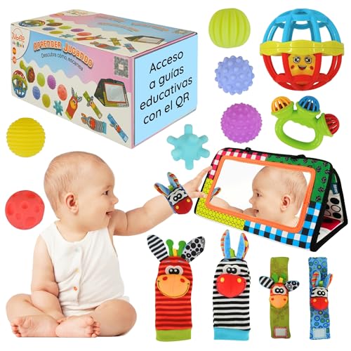 JUBETE Juguetes Bebes 0 6 12 meses - con Guias educativas para estimulacion temprana - Regalo Ideal bebe recien nacido -Sonajeros bebe 0 3 meses - Juguetes Montessori 0 6 meses
