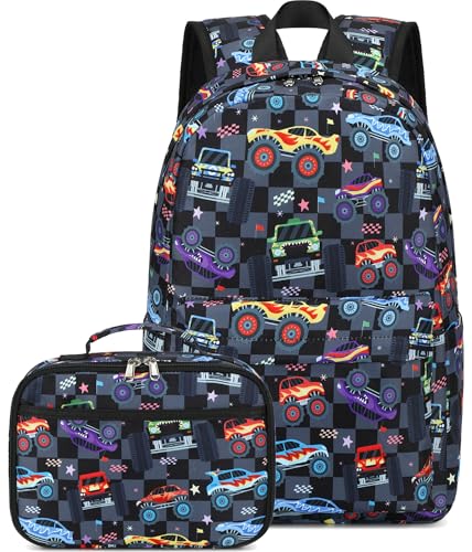 CAMTOP Rucksack für Kinder, Jungen und Mädchen, Vorschulrucksäcke mit Lunchbox, Kleinkind, Kindergarten, Schule, Büchertaschen-Set, Fahrzeug Black Check, 15"(L)x11.8"(H)*5.1"(W