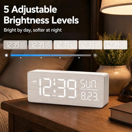 Image of Peakeep Wooden Digital Alarm Clock Large Display, Textured Decoration | for Bedroom Living Room Desk Table, Electric Plug-in Clock Battery Backup with Time Date Day, 5 Brightness, Auto DST