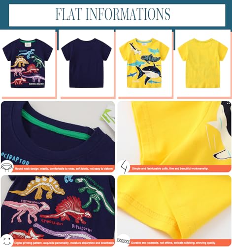 Toddler Boys T-Shirt Glow in The Dark Unisex 2Pc Short Sleeve Shirt Dinosaurs Sharks Graphic 2-7Y4